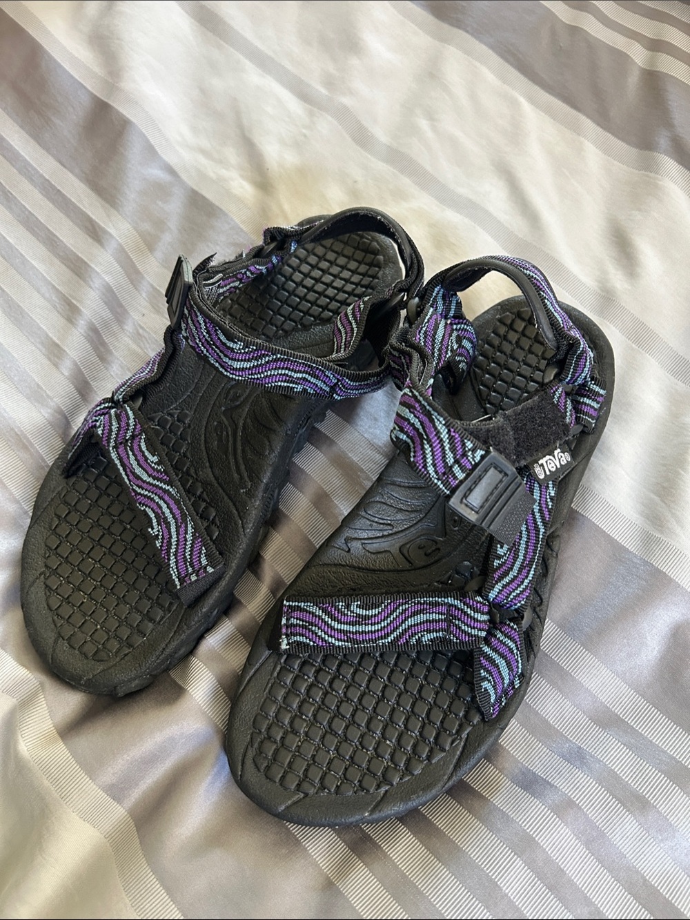 Teva Black Sandals with Purple & Teal Wave Straps great used condition